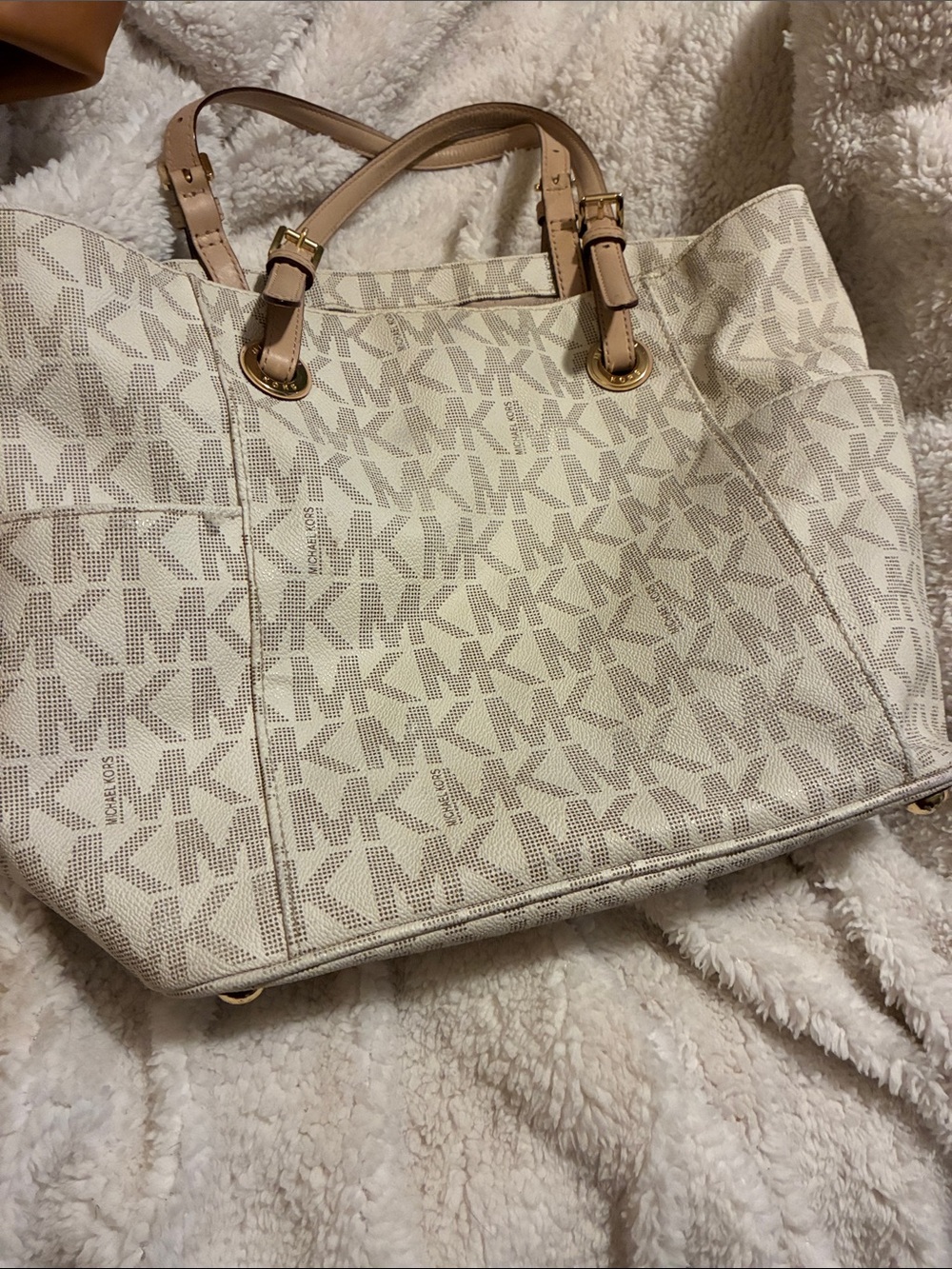 Michael Kors Cream & Tan MK Logo Tote with Gold Hardware